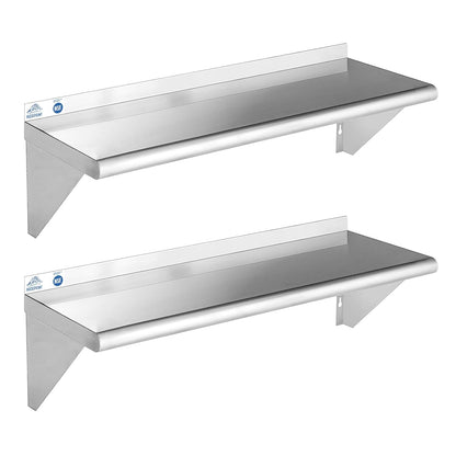 ROCKPOINT Stainless Steel Shelf 12 x 36 Inches 300lb, 2 Pack NSF Commercial Wall Mount Floating Shelving with Backsplash for Restaurant, Kitchen, Home and Hotel, Silver