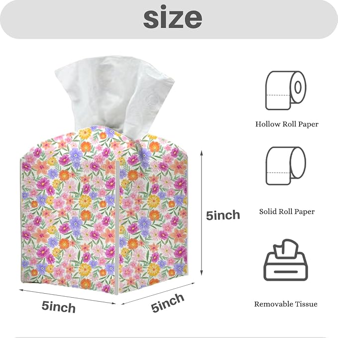 Tissue Box Cover, Tissue Box Holder, Square with Belt Bottom, PU Leather Decorative Organizer for Desk, Tabletop, Countertop Room, Toilet Car, Office, Dresser Bedside, Aesthetic Colorful Flower Decor