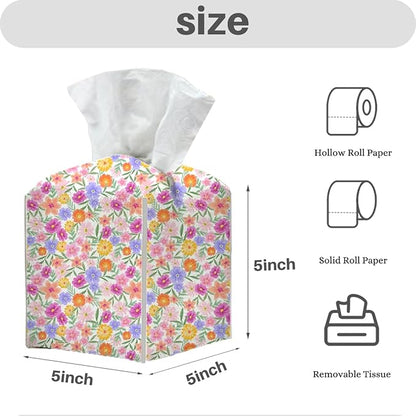 Tissue Box Cover, Tissue Box Holder, Square with Belt Bottom, PU Leather Decorative Organizer for Desk, Tabletop, Countertop Room, Toilet Car, Office, Dresser Bedside, Aesthetic Colorful Flower Decor
