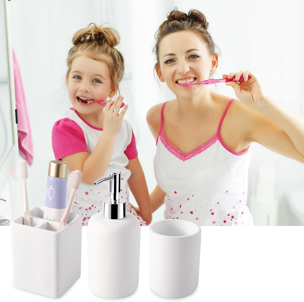 Resin 6 Pcs White Bathroom Set Complete with Toothbrush Holder, Lotion Soap Dispenser, 2 Qtip Holder Dispensers,Vanity Tray,Bathroom Tumbler - Countertop Vanity Organizer - Bathroom Accessories Set