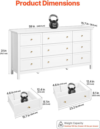 VEVOR 9 Drawer Dresser, Wooden Chest of Drawers with Sliding and Anti-tip Device, Retro Minimalist Dresser Chest, Closet Storage TV Stand Organizer for Living Room, Hallway, Bedroom, Entryway, White