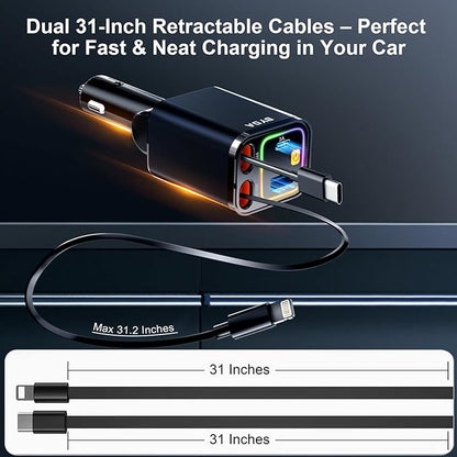 4 in 1 Retractable Car Charger with Starry Light,69W USB-C Fast Car Charger, for iPhone 17/16/15/14/13/12/11, Android,Pixel,Cigarette Lighter Charger (for Apple+Type C &RGB [Black])