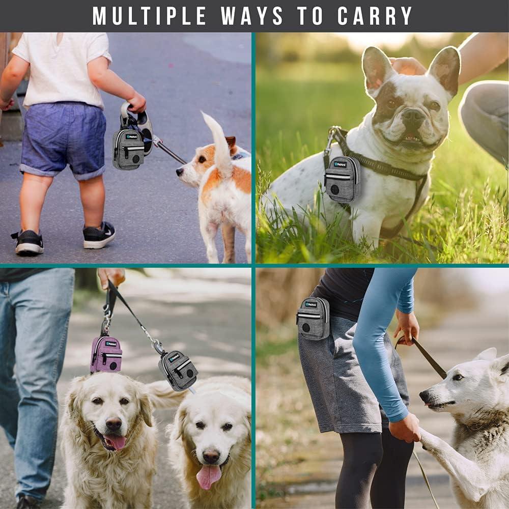 PetAmi Dog Poop Bag Holder for Leash, Dog Pet Waste Bag Dispenser For Poop With Clip, Doggy Puppy Walking Accessories Travel Camping, Dog Treat Pouch Supplies Must Have With Dog Bag Roll, Light Gray