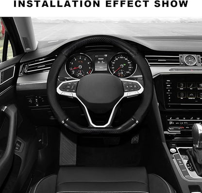 Car Breathable Steering Wheel Cover, Carbon Fiber Wear-Resistant D Shape Steering Wheel Protector for Comfy Grip, Universal Non-Slip Leather Wheel Sleeve for Most Car SUV Truck (Black)
