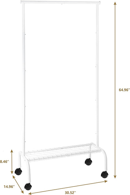 SunnyPoint Rolling Garment Rack with Shelf – Heavy-Duty Metal Clothing Rack on Wheels, 64.9” Tall Clothes Organizer with Bottom Storage, White