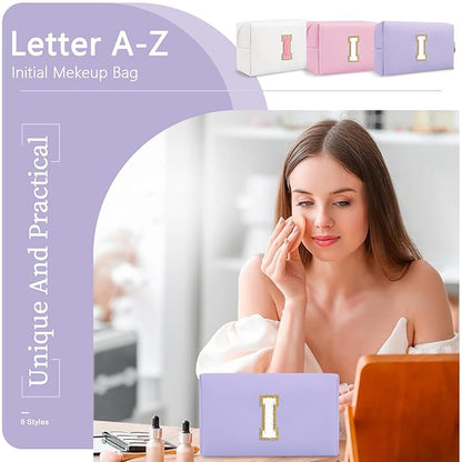 Personalized Makeup Bag Initial A-Z Preppy Patch Bag,Small PU Leather Travel Cosmetic Bag Pouch with Zipper,Purple Cute Toiletry Bag,Gift Ideal for Teen Girls Women Birthday Friend Mom,Latter I