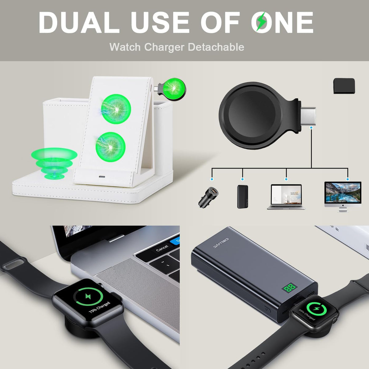 Leather Desk accessories Pen Holder with 3-in-1 Wireless Charger for Phone, Earbuds, Watch Multifunctional Desktop Phone Stand for Office and Home,birthday gifts,gifts for him (white)