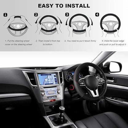Car Steering Wheel Cover, 15 Inch Carbon Fiber Elastic Vehicle Steering Wheel Protector, Breathable Leather Auto Wheel Covers for Women Men, Interior Car Accessories (Black, AD)