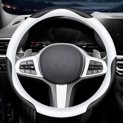 Carodi Leather Car Steering Wheel Cover, Elegant, Fashionable, Comfortable, Non-Slip, Breathable, Universal 15 inch, Black and White