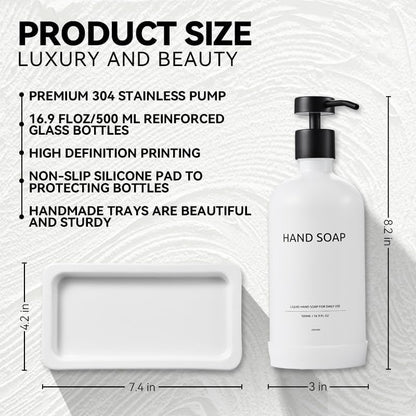 Glass Kitchen Soap Dispenser Set with Ceramic Tray,16.9 floz Hand and Dish Soap Dispenser for Kitchen and Bathroom Decor (White Bottles + Black Pumps)