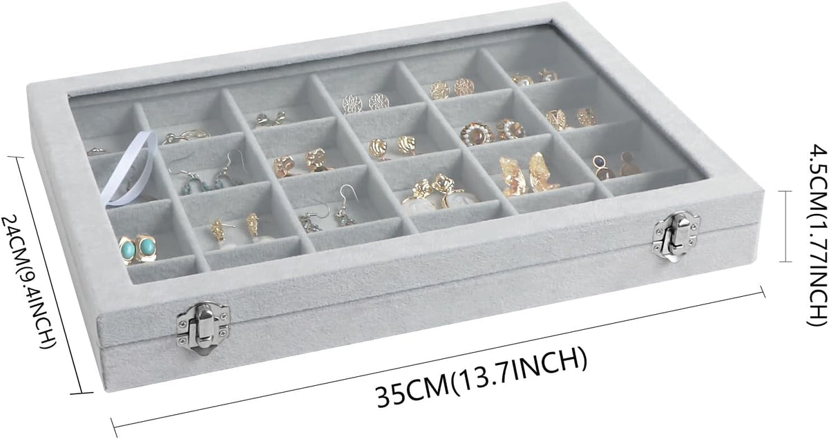 Wudygirl Jewelry Organizer Velvet Jewelry Tray 24 Grid Jewelry Box Earring Holder Organizer Removable Display Case Organizer Glass Top Lid & Lock (24 Grid)