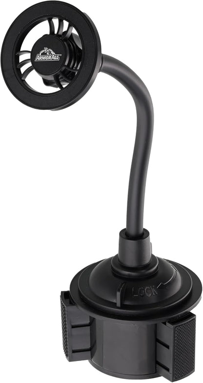 Armor All Magnetic Phone Mount for Car, Cupholder Phone Holder for MagSafe Phones, iPhones, Adjustable Gooseneck Design, Includes Universal Magnet Ring for Samsung, Non-Magnetic Phones, & Cases