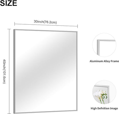 30x40In Silver Bathroom Mirror for Wall, Brushed Nickel Rectangle Mirrors