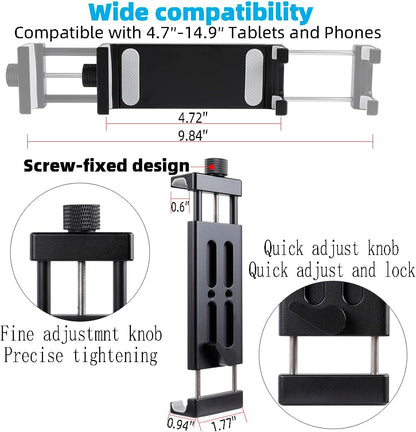 Aluminum Dual Arm Tablet Mount with Super Clamp for Rails 0.5'' to 2'' in Diameter, Side Mount Tablet Holder for Mic Stand, Compatible with iPad Pro 12.9 Air Mini, Galaxy Tab, 4.7-12.9" Tablets