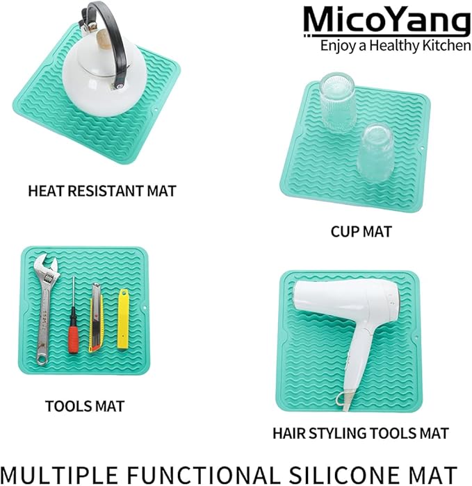 Silicone Dish Drying Mat for Multiple Usage,Easy clean,Eco-friendly,Heat-resistant Silicone Mat for Kitchen Counter or Sink,Refrigerator or Drawer liner Mint M 12 inches x 12 inches