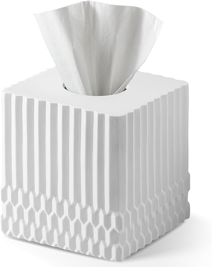 White Tissue Box Cover Square, Tissue Box Holder for Bathroom Countertop,Vanity, Tabletop, Bedroom Night Stand,Office and Living Room Decorative - Modern Geometric Striped Tissue Paper Dispenser