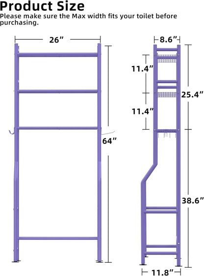 3-Tier Over The Toilet Storage, Freestanding Metal Bathroom Shelves with 4 Hooks, Over Toilet Storage Shelf with Paper Holder, Above The Toilet Shelf for Bathroom Storage, Purple