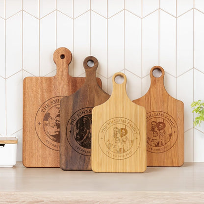 callie Personalized Cutting Board with Photo & Text & Date, Wooden Cutting Board Cheese Serving Tray with Handle, Housewarming Gifts (S, M, L)