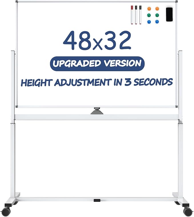 White Board on Wheels, 48 x 32 Inches Height-Adjustable Large Rolling Whiteboard