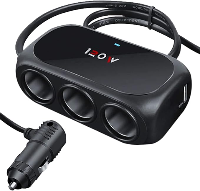 3-Socket Car Cigarette Lighter Splitter Adapter, 2 USB Splitter Extender [120W] [12V/24V] [3.1A Dual USB Car Charger] [Black] for Device with Emergency Warning Light