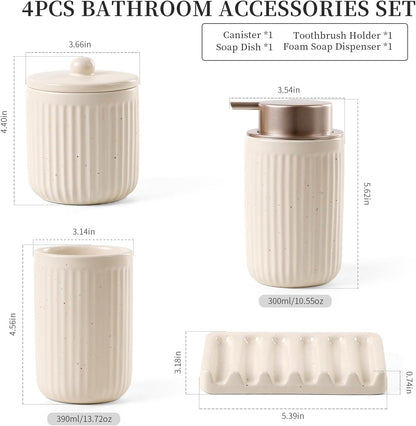 BosilunLife Bathroom Accessories Set - Ceramic Bathroom Set Bathroom Decor Sets Bathroom Counter Foam Soap Dispenser and Toothbrush Holder Set, Soap Dish, Apothecary Jar (Striped Apricot)