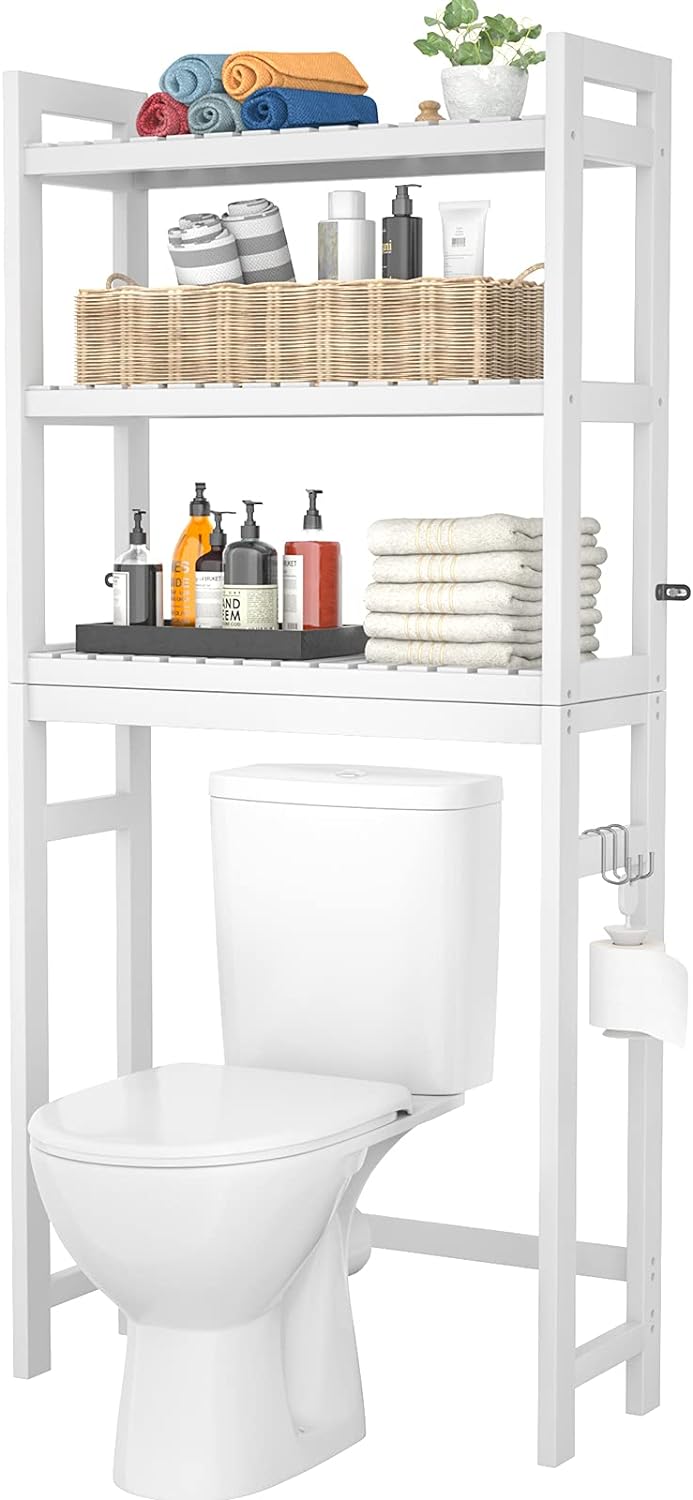 Homykic Over The Toilet Storage, Bamboo Over Toilet Bathroom Organizer Rack, Freestanding Bathroom Shelves Above Toilet Storage with 3 Hooks, Bathroom Space Saver, No Rust, Easy to Assemble, White