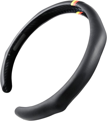 Quick Install Sporty Perforated Nappa Leather Steering Wheel Cover with German Stripes for Porsche Mercedes Audi BMW VW Deutsch-Ness 14.5 to 15 inches SW