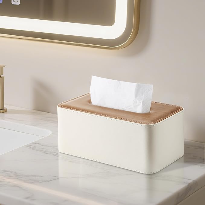KINGFOM Tissue Box Cover, PU Leather Tissue Box Holder Rectangular, Modern Facial Tissue Paper Napkin Dispenser for Bathroom, Home, Office, Car Automotive Decoration with Magnetic Lid Light Beige
