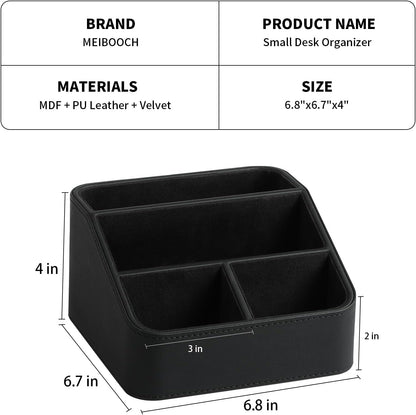 Remote Control Holder, PU Leather Small Desk Organizer with 4 Compartments, Nightstand Organizer Desk Caddy for Remote, Notepad, Phone, Glasses, and Accessories (Black)