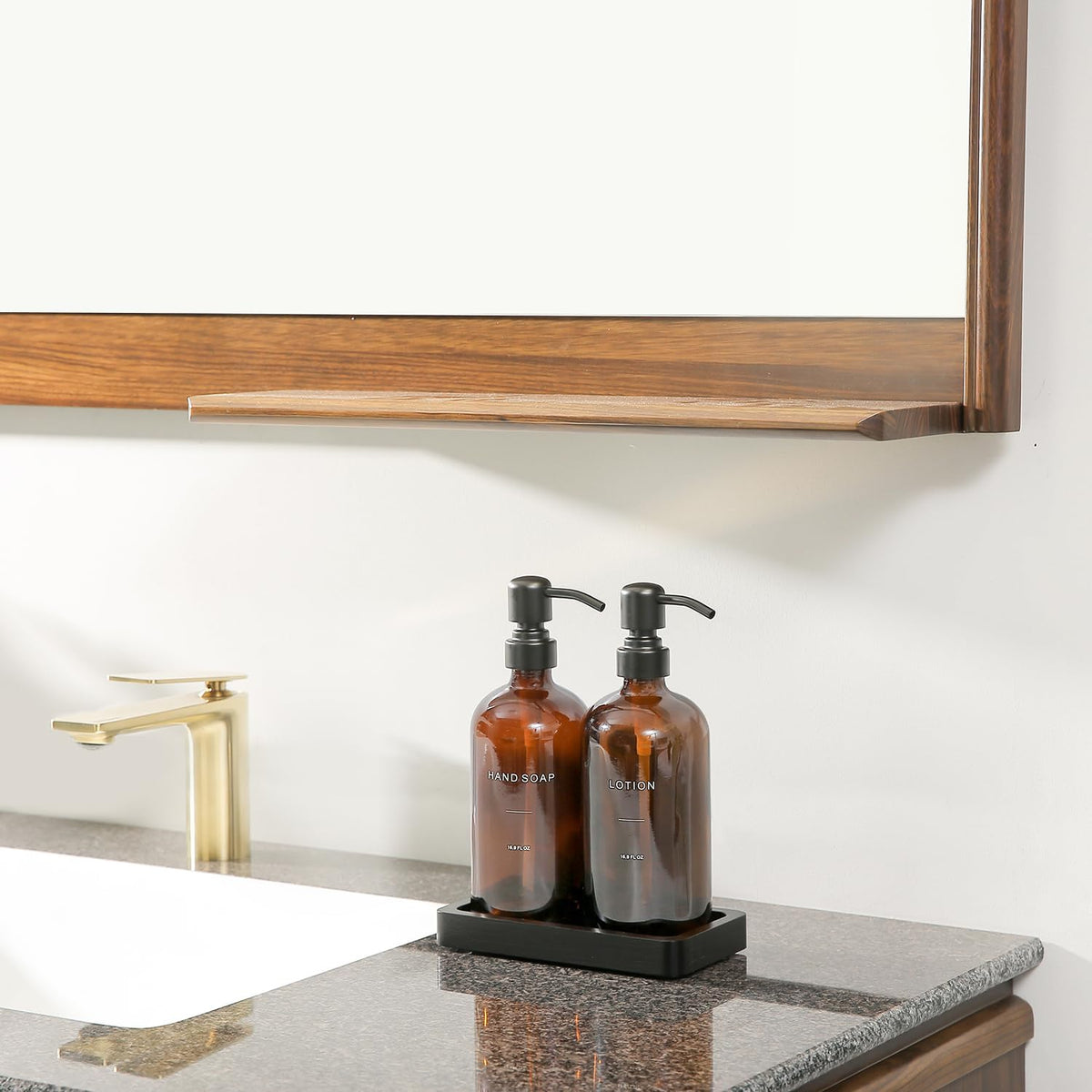 Amber Glass Soap Dispenser Set, Hand Soap and Lotion Set with Black Stainless Steel Pump, Perfect for Modern Bathroom Decor. (Amber)