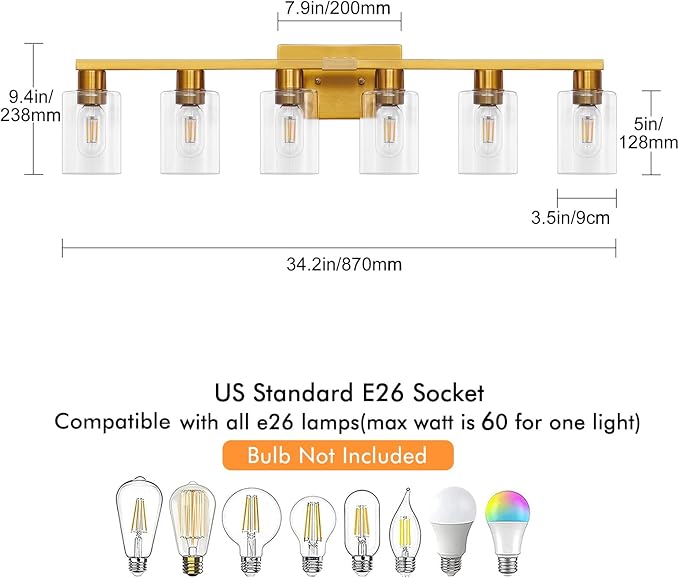 6 Light Bathroom Light Fixtures, Large Gold Bathroom Vanity Light
