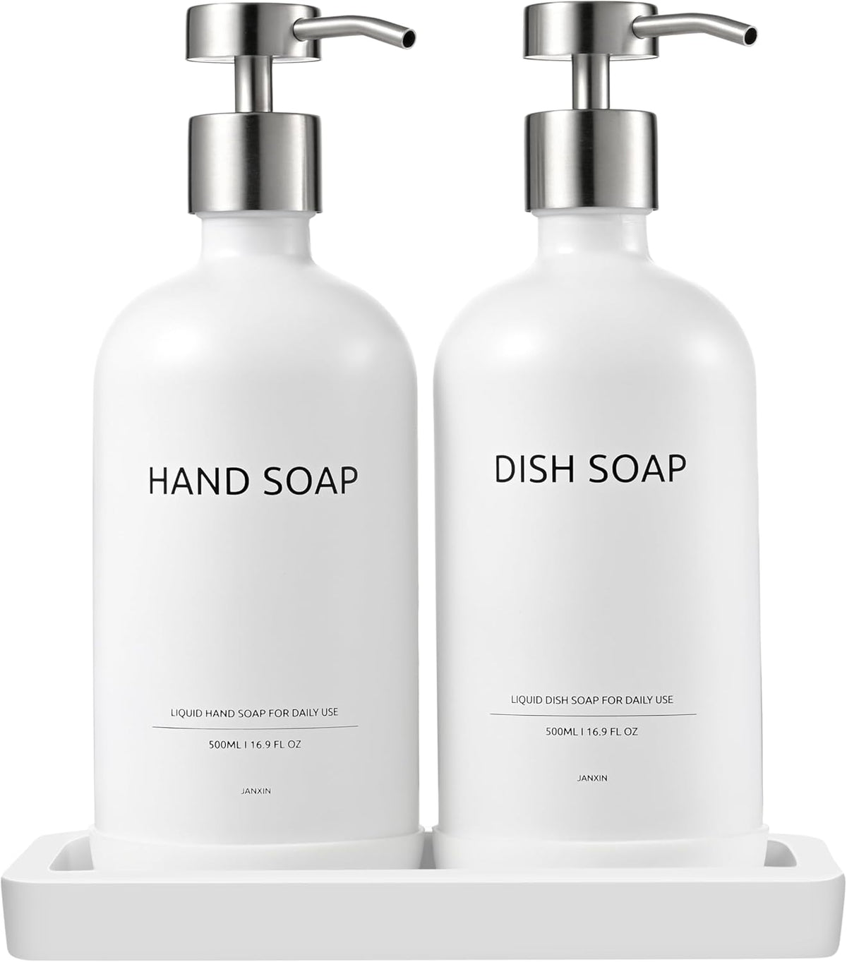 Glass Kitchen Soap Dispenser Set with Ceramic Tray,16.9 floz Hand and Dish Soap Dispenser for Kitchen and Bathroom Decor (White Bottles + Silver Pumps)