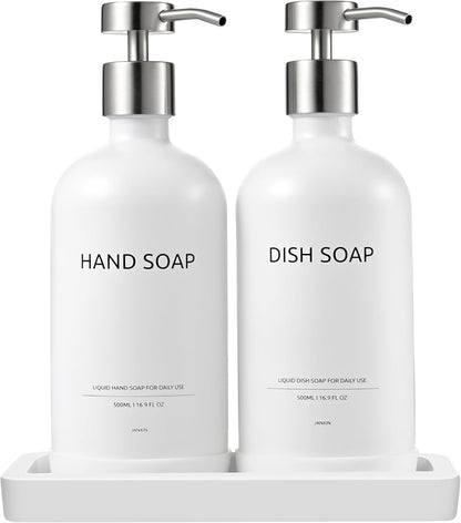 Glass Kitchen Soap Dispenser Set with Ceramic Tray,16.9 floz Hand and Dish Soap Dispenser for Kitchen and Bathroom Decor (White Bottles + Silver Pumps)