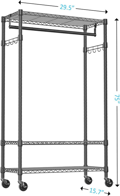 IZEUK Heavy Duty Rolling Garment Rack with 3 Adjustable Wire Shelves, Hanging Rod & Side Hooks - Mobile Clothes Rack with Wheels, 29.5" W x 15.7" D x 75" H, Black