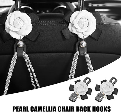 Car Seat Headrest Hook, 2PCS Cute Flower Vehicle Backseat Organizer Hanger for Purse Grocery Bag Coat, Auto Interior Hanging Decor Accessories, Universal for SUV Sedan Truck (White)