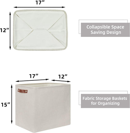 HNZIGE Collapsible Canvas Linen Storage Basket, Set of 2, Large Fabric Cloth Baskets, Rectangular Shelf Baskets with Leather Handles, Organizing Storage Baskets for Storage Closet, Home, Office(Gream)