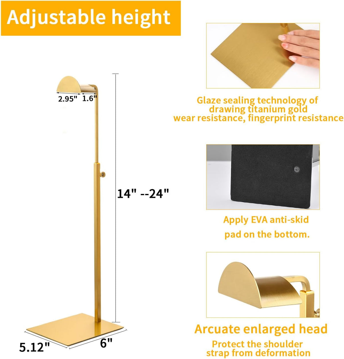 Purse Display Stands, 3 Pack Gold Purse Display Rack Stainless Steel Handbag Display Stand Adjustable Height Bag Stand Holder Anti-fingerprint Hanger Rack for Retail Boutiques Commercial Store
