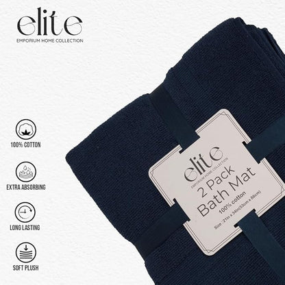 ELITE Emporium Home Collection 2-Piece Cotton Bathroom Mat Set, 21" x 34" - 100% Cotton, Absorbent, Quick-Dry, Bath Towel Mats for Floor, Navy Blue [Not a Bathroom Rug]