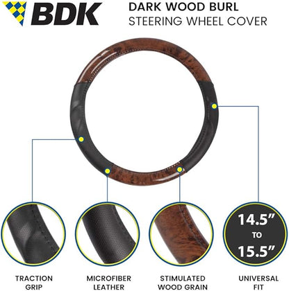 BDK Dark Wood Grain Steering Wheel Cover with Black Faux Leather Comfort Grip, Standard 15 inch Size, Car Steering Wheel Cover for Truck Van SUV Auto