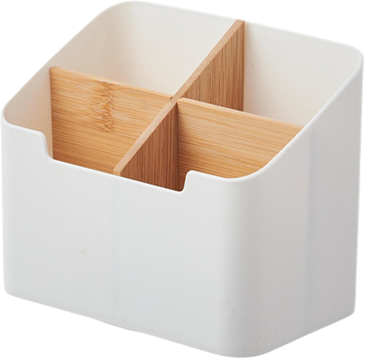 Remote Control Holder, Wood and Plastic Remote Control Holder with 4 Compartments, Multifunctional Desk Storage Organizer Box