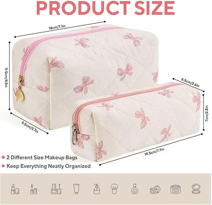 MZLUWM 2 Pcs Makeup Bag Travel Cosmetic Bag，Cute Floral Quilted Makeup Bag Set for Women Girls，Cotton Travel Toiletry Zipper Make Up Pouch (Pink Bow)