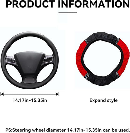 Bling Car Steering Wheel Cover, 15 Inch Rhinestones Soft Leather Elastic Steering Wheel Protector, Sparkly Crystal Diamond for Women Girls, Car Interior Accessories for Most Cars (Red)