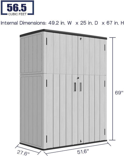 KINYING Outdoor Vertical Storage Shed,57 Cu.ft Outdoor Storage Cabinet Waterproof,Resin Sheds & Outdoor Storage Clearance for Garden,Patio,Backyard,Lockable (Grey)