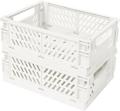 Small Pastel Plastic Storage Bins 2Pcs Foldable Pastel Crates Plastic Basket Colorful Storage Containers Baskets for Classroom Kitchen Office Bedroom Desktop Home Decor (White 5.8" x 3.8" x 2.2")