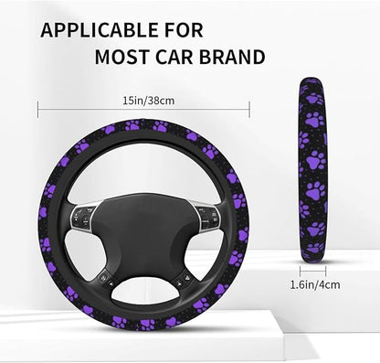 Purple Paw Print Steering Wheel Cover Dog Paw Print Steering Wheel Cover Anti-Slip Breathable Universal for 15 Inch Car with 2 Pieces Car Coasters Suitable for Men Women
