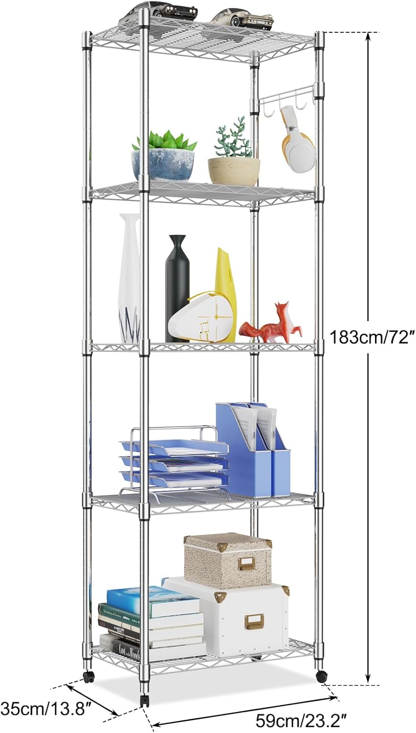 Himimi 5-Tier Storage Shelf Wire Shelving Unit on Wheels Heavy Duty Metal Shelves Adjustable Steel Rack Organization for Kitchen Garage Basement, Silver