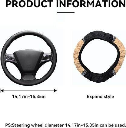 Bling Car Steering Wheel Cover, 15 Inch Rhinestones Soft Leather Elastic Steering Wheel Protector, Sparkly Crystal Diamond for Women Girls, Car Interior Accessories for Most Cars (Beige)