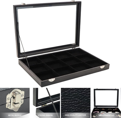 Wudygirl Jewelry Tray 12 Grid Jewelry Organizer with Clear Lid Bracelet Holder Organizer Display Case Removable, Black Velvet (12 Grid)