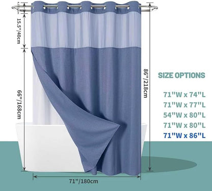 eachope MoonLightBlue Extra Long No Hook Waffle Weave Shower Curtain with snap-in Liner Replacement, 230GSM Waterproof Fabric Hotel Shower Curtain Set for Bathroom, Through Mesh Top Window,71Wx86H