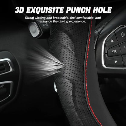 Leather Steering Wheel Cover, Auto Car Stretch Steering Wheel Protector, Universal 15 Inch Anti-Slip Breathable Odorless Steering Wheel Cover for Men Women (Black)